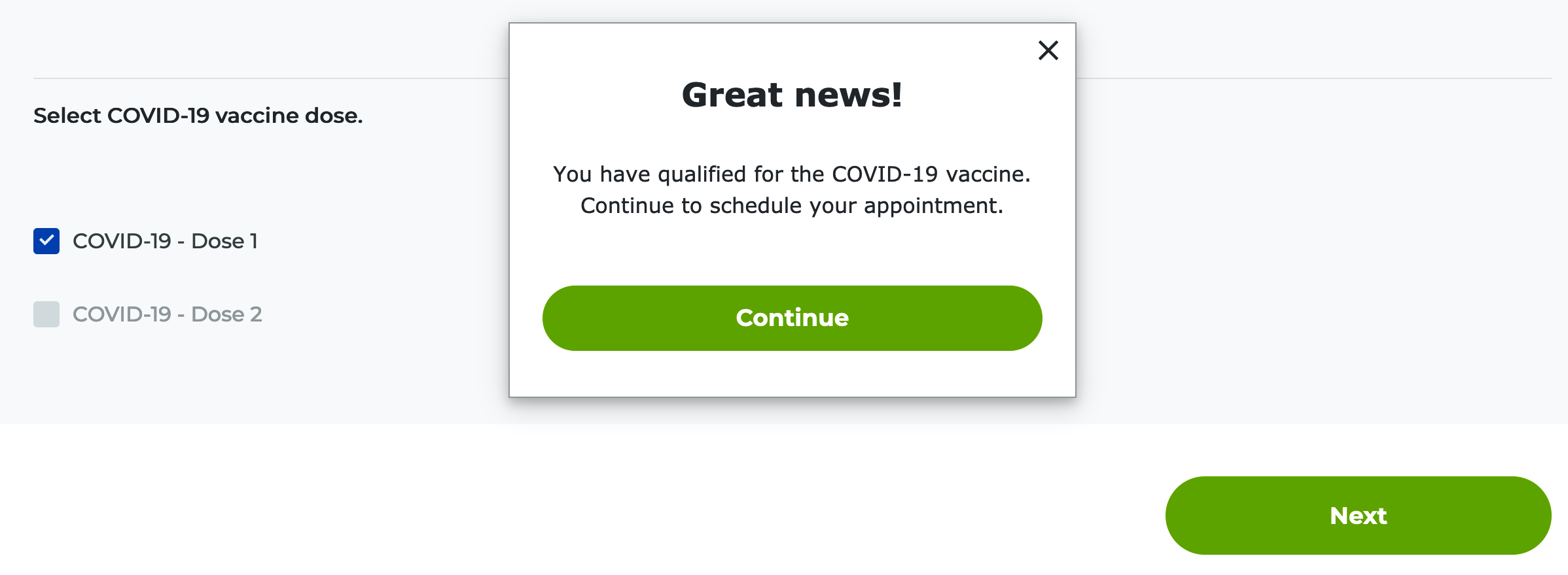 Screenshot from Rite Aid qualifier showing bottom of page with dialog box saying Great News! You have qualified for the COVID-19 vaccine. Continue to schedule your appointment.