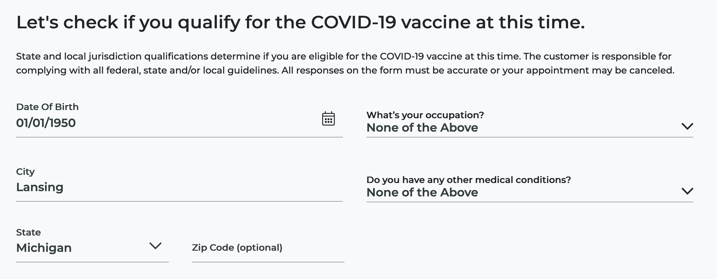 Screenshot from Rite Aid qualifier showing fields Date of Birth, City, State, Zip Code (optional), What's your occupation? Do you have any other medical conditions?